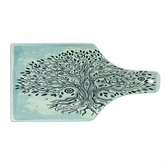 East Cutting Board, Tree of Life Chinese Bonsai Roots Bohemian Hippie Evil Eye Occult Theme, Tempered Glass Cutting and Serving Board, Wine Bottle Shape, Indigo Cream Pale Blue, by Ambesonne