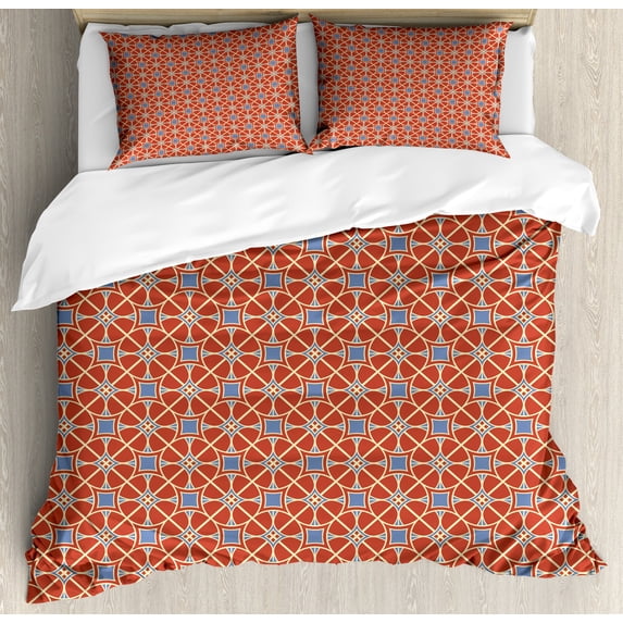 East Duvet Cover Set, Big Circles and Squares Curvy Lines Starry Tile Symmetrical Traditional Design, Decorative 3 Piece Bedding Set with 2 Pillow Shams, Queen Size, Scarlet Lavender, by Ambesonne