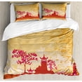 thumbnail image 1 of East Duvet Cover Set, Building in Floral Environment with Other Elements, Decorative 3 Piece Bedding Set with 2 Pillow Shams, King Size, Persian Orange and Pink, by Ambesonne, 1 of 3