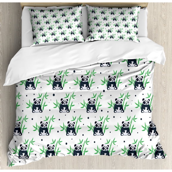 East Duvet Cover Set, Cartoon Panda Exotic Tree Leaves Pattern Wildlife Zoo Fun Nature Tropic, Decorative 3 Piece Bedding Set with 2 Pillow Shams, Calking Size, White Black and Green, by Ambesonne