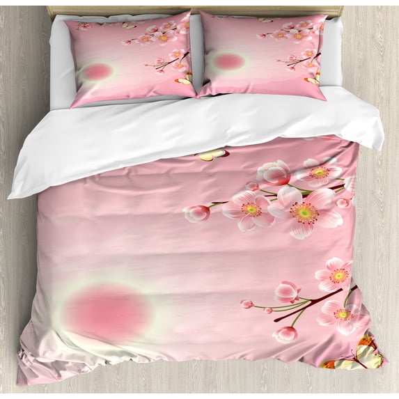 East Duvet Cover Set, Cherry Blossom Tree with Sun Scenery on Backside Spring Days Butterfly Nature Print, Decorative 3 Piece Bedding Set with 2 Pillow Shams, Queen Size, Pink Yellow, by Ambesonne