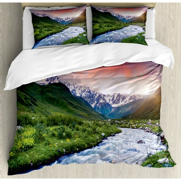 East Duvet Cover Set, Colorful Overcast Sky Skirts Mt. Shkhara Svaneti Georgia Caucasus Mountains, Decorative 3 Piece Bedding Set with 2 Pillow Shams, Queen Size, Fern Green Pale Blue, by Ambesonne