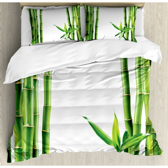 East Duvet Cover Set, Exotic Nature Garden of Wild Branches Tropical Vibes Greenery Scene Print, Decorative 3 Piece Bedding Set with 2 Pillow Shams, King Size, Fern Green and White, by Ambesonne