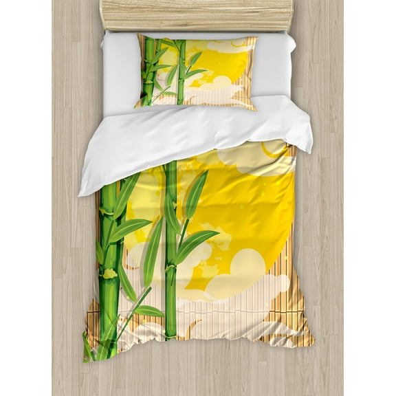 East Duvet Cover Set, Exotic Tree Branches Full Moon and Abstract Curvy Clouds Stars Eastern, Decorative 2 Piece Bedding Set with 1 Pillow Shams, Twin Size, Yellow Green Pale Brown, by Ambesonne