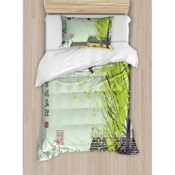 East Duvet Cover Set, Landscape with Tiled Roof Tree and Birds in Chinese Folkloric Style, Decorative 2 Piece Bedding Set with 1 Pillow Shams, Twin Size, Pale Green and Multicolor, by Ambesonne