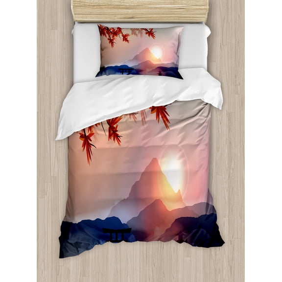 East Duvet Cover Set, Majestic Himalayas Peaks Tops Silhouette of Sun Life Circle Culture Art, Decorative 2 Piece Bedding Set with 1 Pillow Shams, Twin Size, Blue Pink Red, by Ambesonne