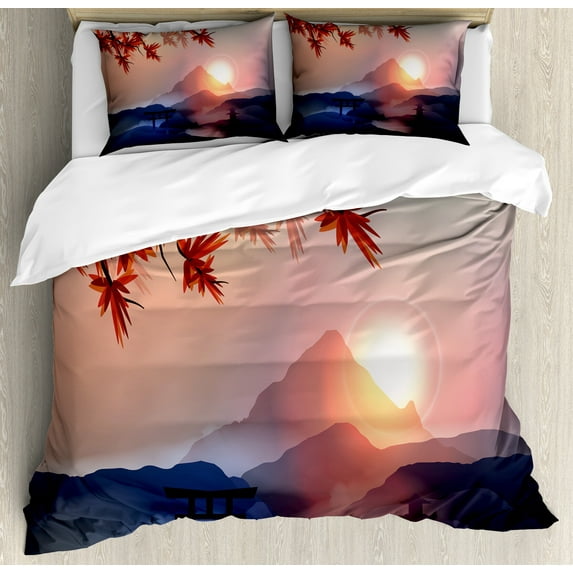 East Duvet Cover Set, Majestic Himalayas Peaks Tops Silhouette of Sun Life Circle Culture Art, Decorative 3 Piece Bedding Set with 2 Pillow Shams, Calking Size, Blue Pink Red, by Ambesonne