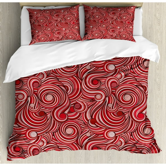 East Duvet Cover Set, Modern Autumn Season Wavy Holiday Festival Celebration Oriental Art Print, Decorative 3 Piece Bedding Set with 2 Pillow Shams, King Size, Rose Ruby Red, by Ambesonne
