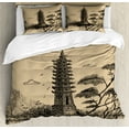 thumbnail image 1 of East Duvet Cover Set, Old Stone Tiered Tower Vintage Taoist House of Faith Historical Illustration, Decorative 3 Piece Bedding Set with 2 Pillow Shams, King Size, Pale Brown Black, by Ambesonne, 1 of 3