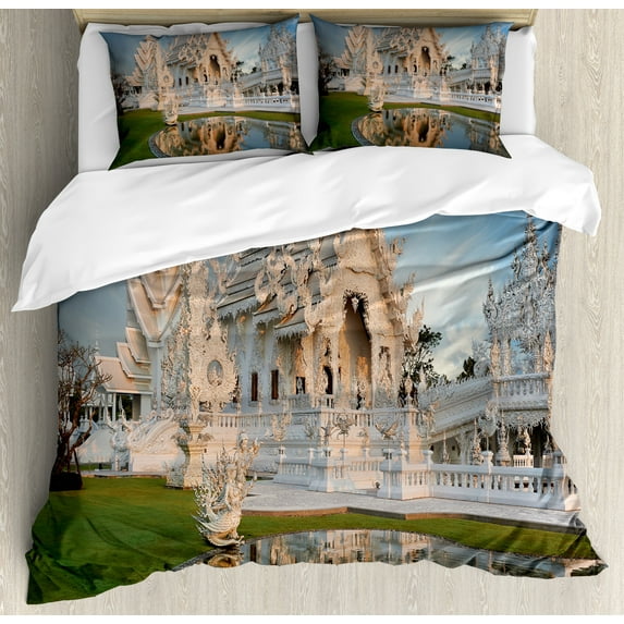East Duvet Cover Set, Palace Formed Building with Ornate Royal Curving Located in North History, Decorative 3 Piece Bedding Set with 2 Pillow Shams, Calking Size, White Green Blue, by Ambesonne