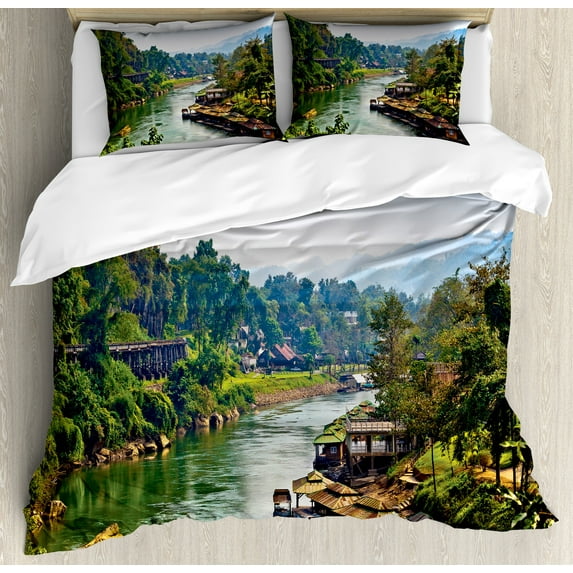 East Duvet Cover Set, River Kwai Living House Tropic Thailand Village Attractions Scenery, Decorative 3 Piece Bedding Set with 2 Pillow Shams, King Size, Forest Green Turquoise, by Ambesonne