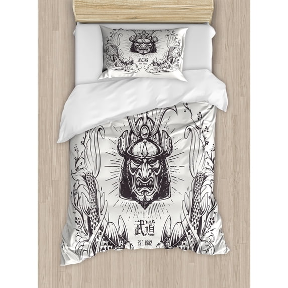 East Duvet Cover Set, Traditional Japanese Samurai Koi Fish Martial Arts Lifestyle Tokyo Typography, Decorative 2 Piece Bedding Set with 1 Pillow Shams, Twin Size, Coconut Grey, by Ambesonne