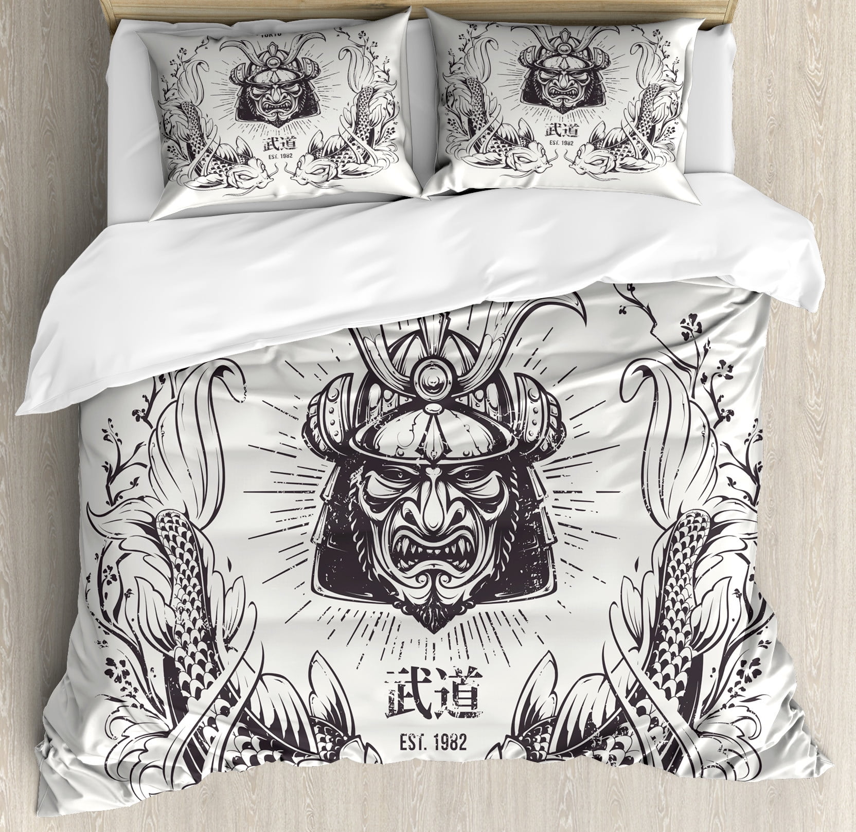 East Duvet Cover Set, Traditional Japanese Samurai Koi Fish Martial