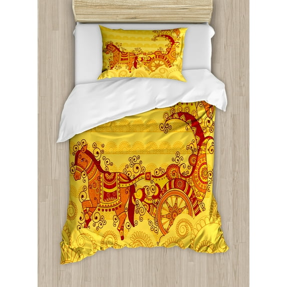 East Duvet Cover Set, Traditional Ornamental Culture Bohemian Design, Decorative 2 Piece Bedding Set with 1 Pillow Shams, Twin Size, Marigold Orange and Ruby, by Ambesonne