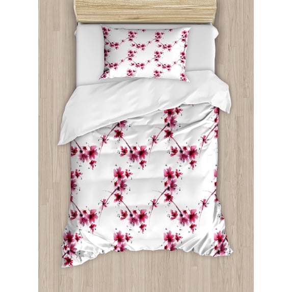 East Duvet Cover Set, Watercolors Petal Flower Oriental Native Floral Pattern with Twigs, Decorative 2 Piece Bedding Set with 1 Pillow Shams, Twin Size, Fuchsia White, by Ambesonne