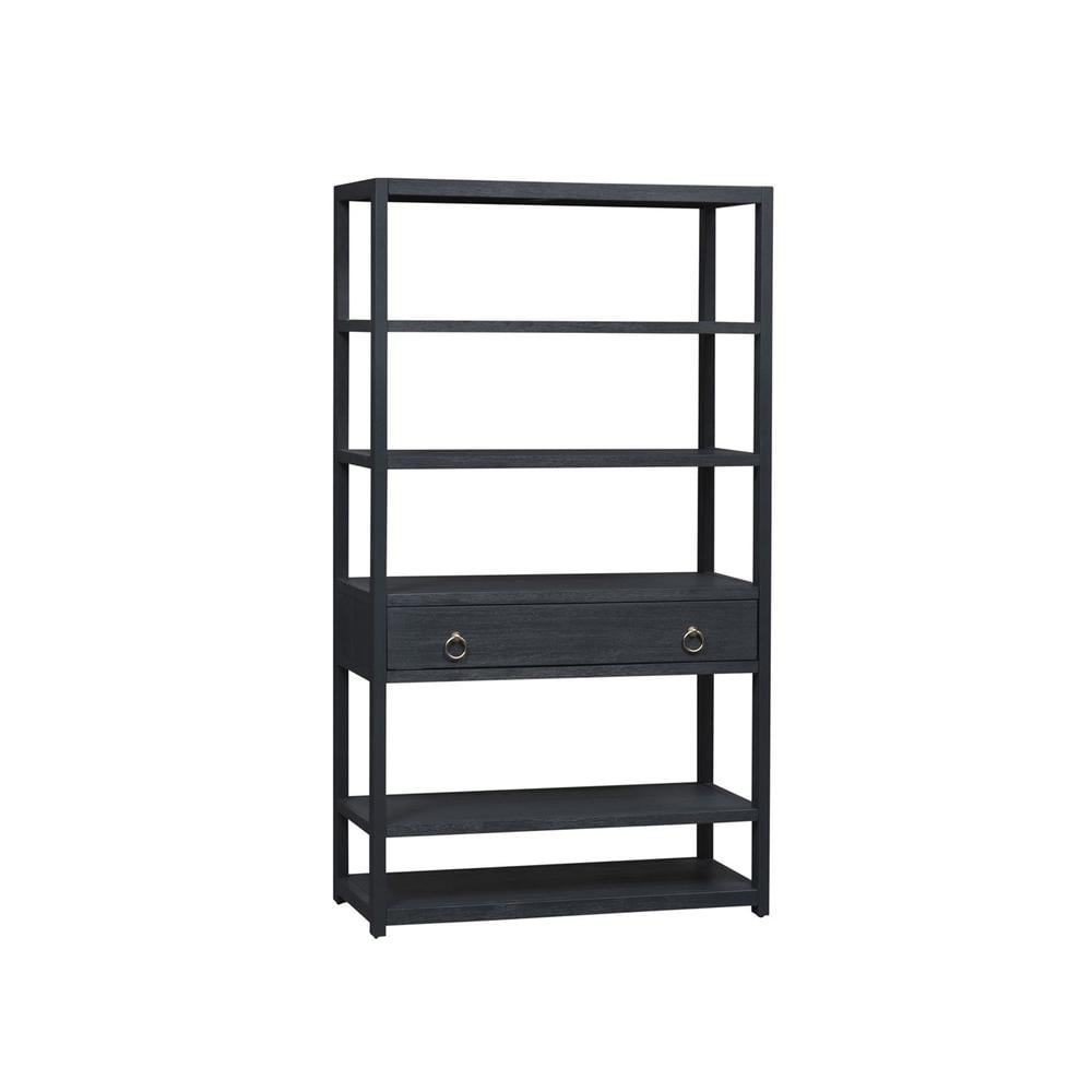 Gray Acacia Transitional Bookcase with Brass Hardware
