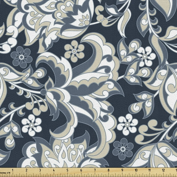 Ambesonne East Fabric by the Yard Upholstery, Oriental Eastern Flowers, 2 Yards, Dark Blue Grey and Beige
