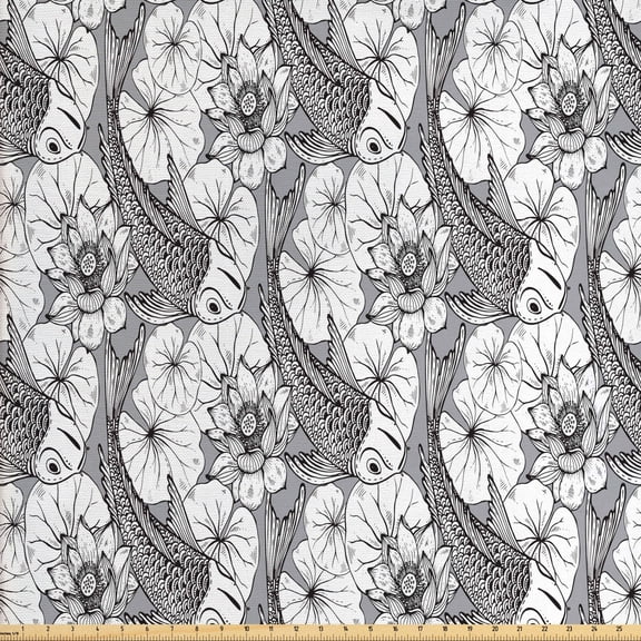 Ambesonne East Fabric by the Yard Upholstery, Sketch Style Carp Koi, 2 Yards, Grey Black White