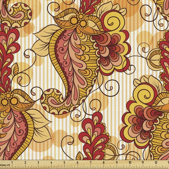 Ambesonne Floral Fabric by the Yard Upholstery, Ornate Paisley, 1 Yard, Orange Yellow and Red
