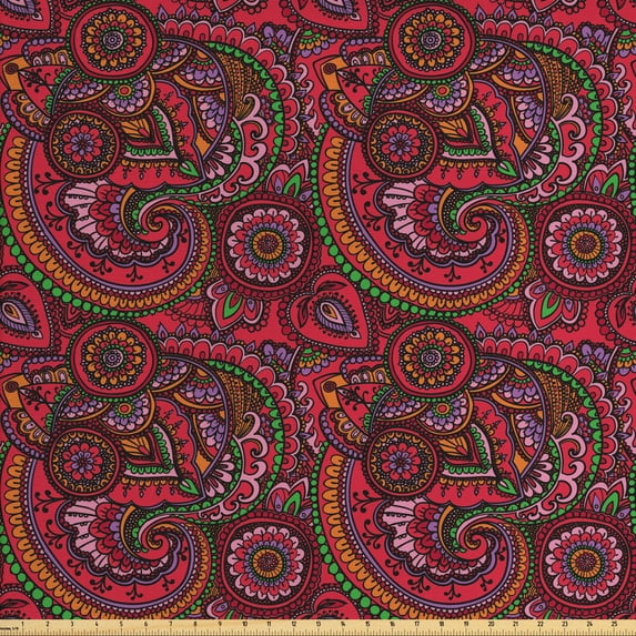 Ambesonne Colorful Fabric by the Yard Upholstery, Traditional Art, 3 Yards, Dark Coral Orange Green
