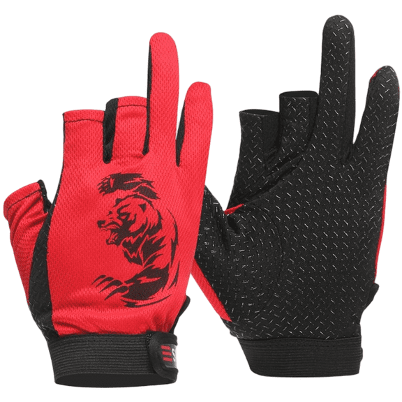 East Fishing Three Finger Gloves for Lure Fishing, Anti-Slip Quick Dry Breathable Mesh with Adjustable Wrist Closure,One Size(Red)