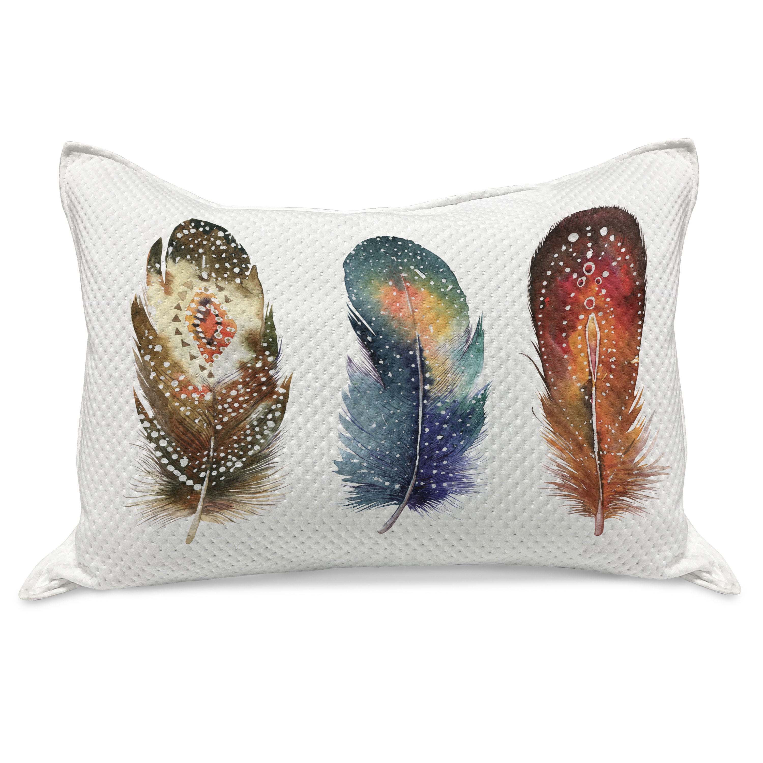 East Knitted Quilt Pillowcover, Feathers Ornament Ceremonial Esoteric