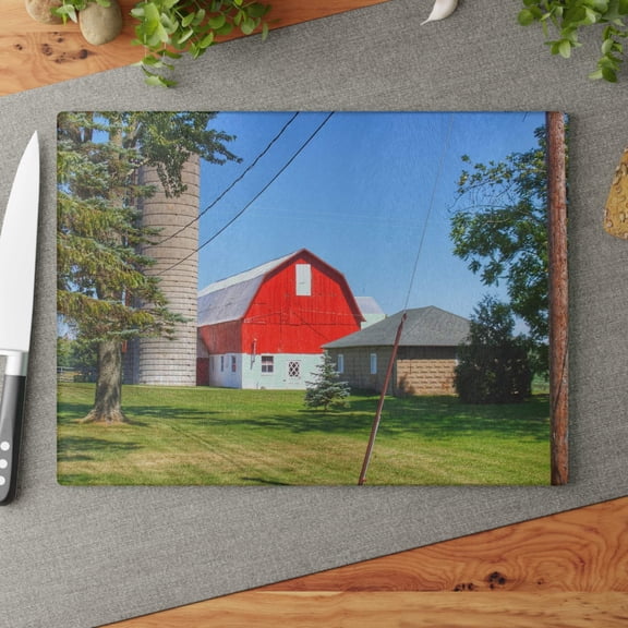 U R There Photography East Lake Road Red and Little Grey Rustic Farmhouse Tempered-Glass Cutting Board 11"x 15"