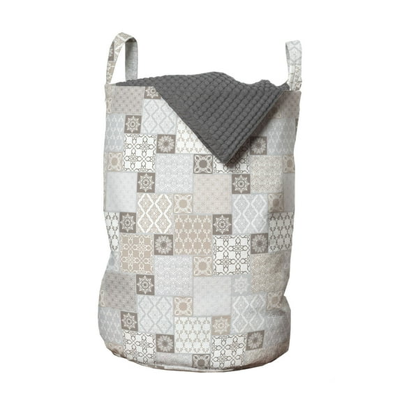 East Laundry Bag, Oriental Checkered Pattern Grid Style Patchwork Design Mosaic Ornamental Design, Basket with Handles Drawstring Closure for Laundromats, 13" x 19", Grey Tan Taupe, by Ambesonne