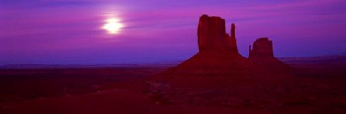 East Mitten and West Mitten buttes at sunset Monument Valley Utah USA Canvas Art - Panoramic Images (18 x 6)
