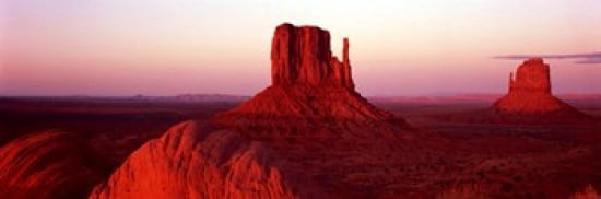 East Mitten and West Mitten buttes at sunset Monument Valley Utah USA Canvas Art - Panoramic Images (36 x 12)