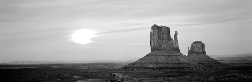East Mitten and West Mitten buttes at sunset Monument Valley Utah USA Canvas Art - Panoramic Images (6 x 18)