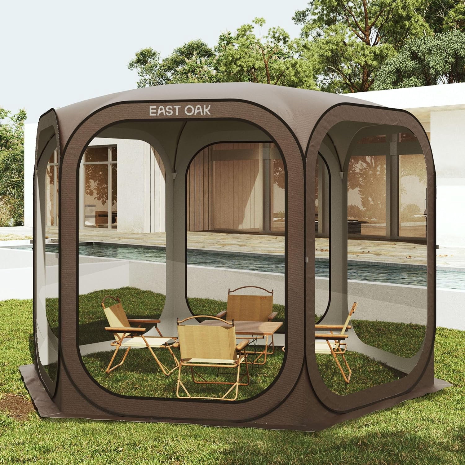 East Oak 6-Person 10' x 10' Instant Pop-Up Screen House with Mosquito Netting and Carry Bag, Brown
