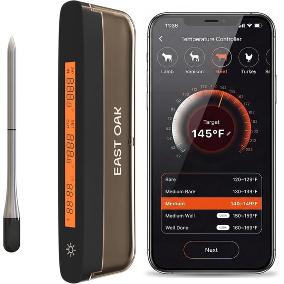 East Oak Wireless Meat Thermometer | 5-Sensor Precision for Chef-Level Results | Extreme Heat Resistance | Smart App Remote Monitoring | Perfect for Grills, Smokers, Ovens & Air Fryers, Brown