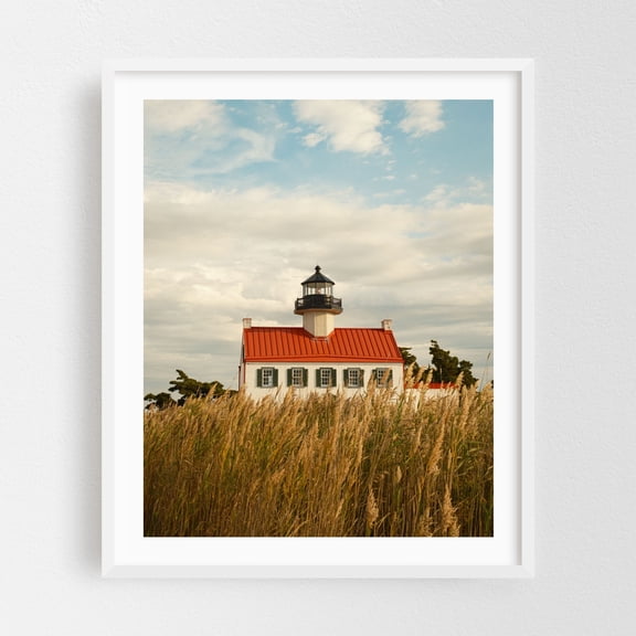 East Point Lighthouse 01 - Maurice River New Jersey Photography Lighthouse Coastal Architecture Rural Nature Landscape Vintage White Framed Wall Art Print 6 x 8 inches