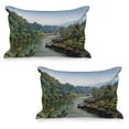 thumbnail image 1 of East Quilted Pillowcover Set of 2, River Kwai Living House Tropic Thailand Village Attractions Scenery, Standard Queen Size Pillow Cover for Bedroom, 30" x 20", Forest Green Turquoise, by Ambesonne, 1 of 1
