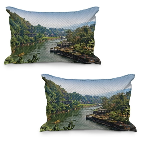 East Quilted Pillowcover Set of 2, River Kwai Living House Tropic Thailand Village Attractions Scenery, Standard Queen Size Pillow Cover for Bedroom, 30" x 20", Forest Green Turquoise, by Ambesonne