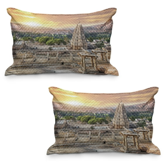 East Quilted Pillowcover Set of 2, Viruphaksha Building View up from the Hills Sunset Above City Buildings Rock Tower, Standard Queen Size Pillow Cover Bedroom, 30" x 20", Orange Cream, by Ambesonne