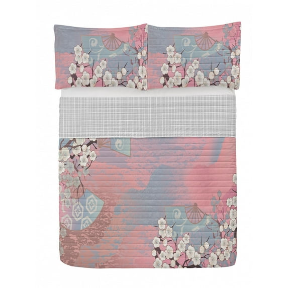 East Reversible Bedspread Set, Japanese Cherry Blossom Sakura Tree Branches Blooms Spring Season Foliage Art, Pillow Shams & Comforter Microfiber Bedding Set, 3 Sizes, Pale Pink, by Ambesonne