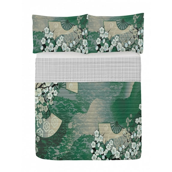 East Reversible Bedspread Set, Japanese Cherry Blossom Sakura Tree Branches Blooms Spring Season Foliage Art, Pillow Shams & Comforter Microfiber Bedding Set, 3 Sizes, Jade Green, by Ambesonne