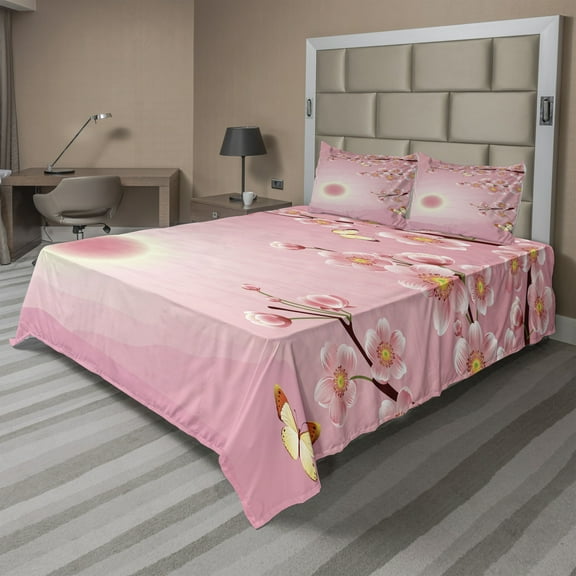 Ambesonne Landscape Fitted & Top Sheet Set with Shams, Nature Blossom Tree, Pink Yellow