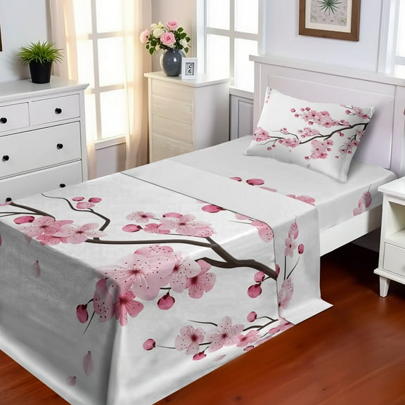 Ambesonne East Fitted & Top Sheet Set with Sham, Japanese Cherry Branch, Pink White