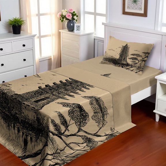 Ambesonne Vintage Fitted & Top Sheet Set with Sham, Taoist House of Faith, Pale Brown Black