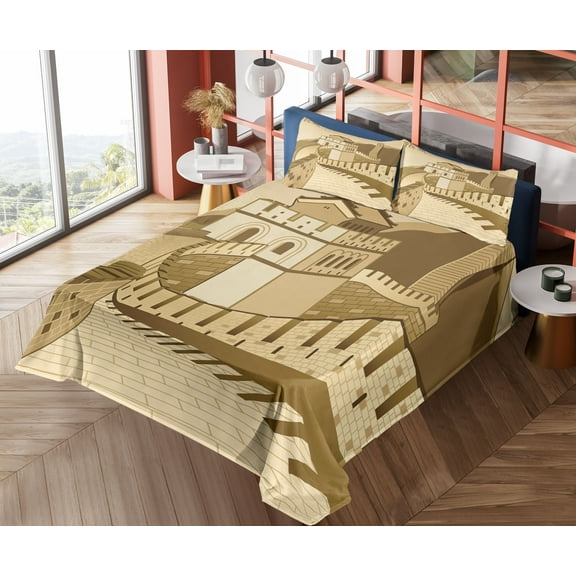 Ambesonne Landscape Fitted & Top Sheet Set with Shams, Old Cultural Heritage, Cream