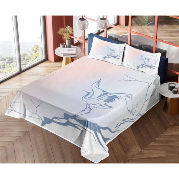 Ambesonne Landscape Fitted & Top Sheet Set with Shams, Winter Tree Branches, Blue Pink