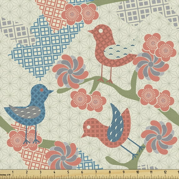 Ambesonne East Fabric by the Yard Upholstery, Japanese Nature, 10 Yards, Salmon Pale Green Blue