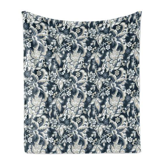 East Soft Flannel Fleece Blanket, Floral Illustration Oriental Eastern Style with Traditional Influences, Cozy Plush for Indoor and Outdoor Use, 50" x 60", Dark Blue Grey and Beige, by Ambesonne