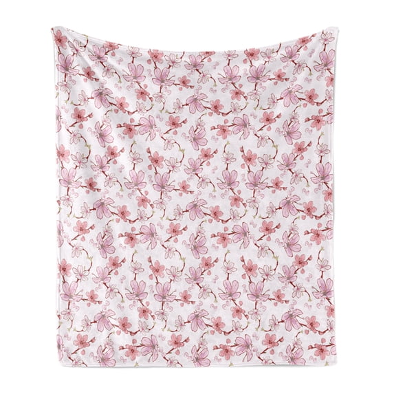 East Soft Flannel Fleece Blanket, Gentle Cherry Blossom Sakura Flower Spring Season Inspired Japanese Foliage Love, Cozy Plush for Indoor and Outdoor Use, 50" x 60", Pale Pink Blush, by Ambesonne