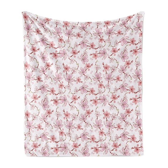 East Soft Flannel Fleece Blanket, Gentle Cherry Blossom Sakura Flower Spring Season Inspired Japanese Foliage Love, Cozy Plush for Indoor and Outdoor Use, 70" x 90", Pale Pink Blush, by Ambesonne