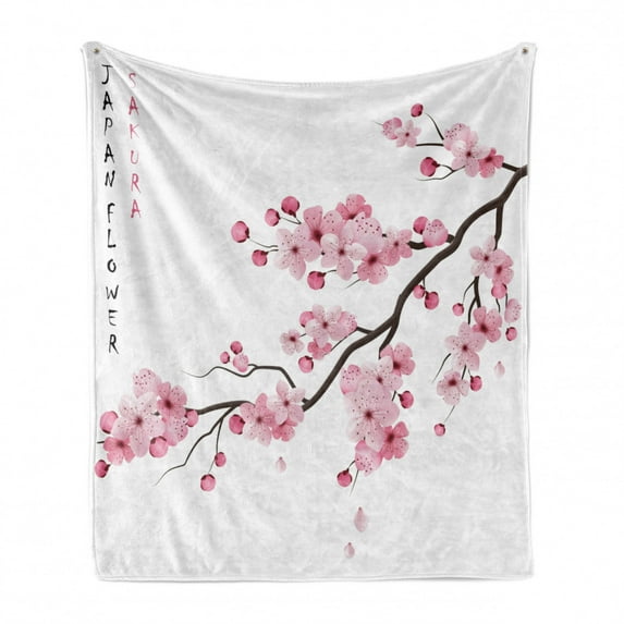 East Soft Flannel Fleece Blanket, Illustration of Japanese Cherry Branches with Blooming Flowers Spring Themed Boho Art, Cozy Plush for Indoor and Outdoor Use, 50" x 70", Pink White, by Ambesonne