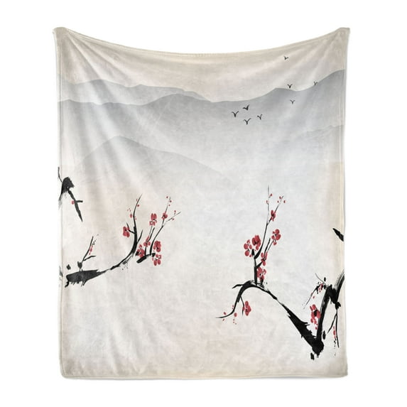 East Soft Flannel Fleece Blanket, Japanese Nature Landscape National Sakura Flower over Himalayas and Flying Gulls, Cozy Plush for Indoor and Outdoor Use, 50" x 70", Beige Red Black, by Ambesonne